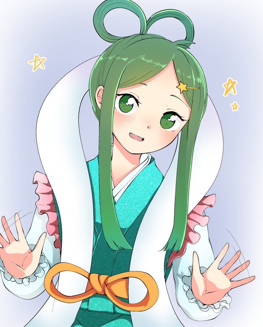 1girl absurdres alternate_costume alternate_hairstyle cosplay frills green_eyes green_hair hagoromo hair_rings highres japanese_clothes kaisenpurin kimono obi orihime_(cosplay) orihime_(tanabata) sash shawl short_hair short_hair_with_long_locks solo tanabata teireida_mai touhou waving
