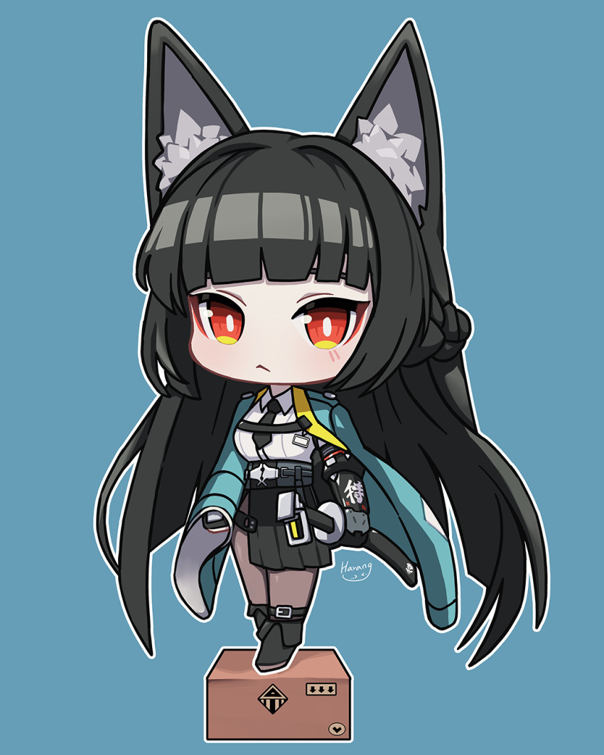 1girl animal_ear_fluff animal_ears black_footwear black_hair black_necktie black_pantyhose black_skirt blue_background blunt_bangs box chibi closed_mouth fox_ears fox_girl full_body green_jacket harang08169141 high-waist_skirt highres holding holding_sword holding_weapon hoshimi_miyabi jacket katana long_hair looking_at_viewer necktie on_box pantyhose red_eyes shirt sidelocks simple_background skirt solo standing sword weapon white_shirt zenless_zone_zero