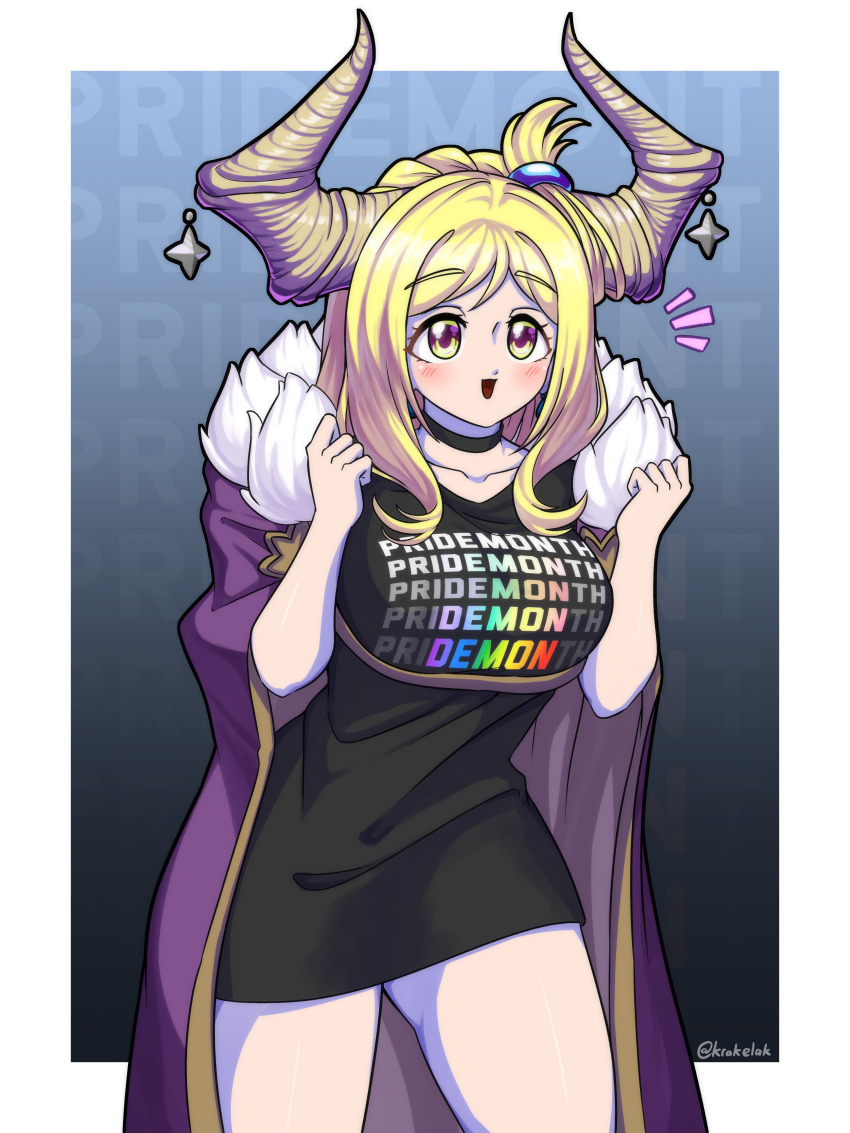 1girl absurdres black_choker black_shirt blonde_hair border cape choker collarbone commentary_request demon_girl demon_horns earrings genjitsu_no_yohane gradient_background hands_up highres horns jewelry krakelak lgbt_pride looking_at_viewer love_live! love_live!_sunshine!! mari_(genjitsu_no_yohane) ohara_mari open_mouth orange_eyes outside_border pride_month print_shirt purple_cape purple_eyes shirt solo standing twitter_username upper_body white_border