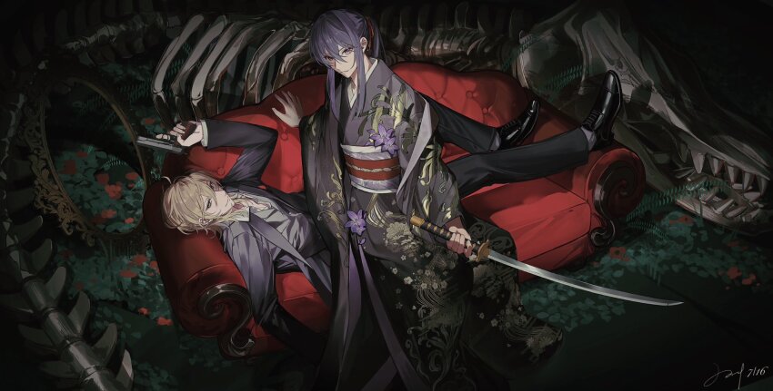 2boys ahoge alternate_costume arm_up bellflower black_jacket black_kimono black_pants black_shoes blonde_hair chinese_bellflower collared_jacket collared_shirt couch dated dragon_skull dutch_angle ensemble_stars! fern floral_print floral_print_kimono flower from_above furisode_sleeves giant_skeleton grey_eyes grey_shirt grey_socks gun hair_between_eyes hair_intakes hair_ribbon hakaze_kaoru handgun highres holding holding_gun holding_sword holding_weapon jacket japanese_clothes kanzaki_souma katana kimono knee_up long_hair long_sleeves looking_at_viewer lying m1911 multiple_boys obi obiage on_back on_couch pants parted_lips pectoral_cleavage pectorals picture_frame ponytail print_kimono purple_eyes purple_flower purple_hair red_flower red_ribbon ribbon ru_kosin sash shirt shoes sidelocks signature sitting sitting_on_person socks sword v-shaped_eyebrows weapon wide_sleeves wolf_cut