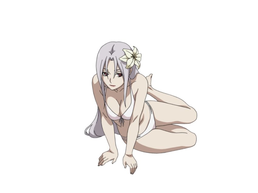 1girl bikini breasts flower ga-rei ga-rei_zero grey_hair hair_flower hair_ornament highres isayama_mei kneeling large_breasts long_hair official_art red_eyes swimsuit white_bikini
