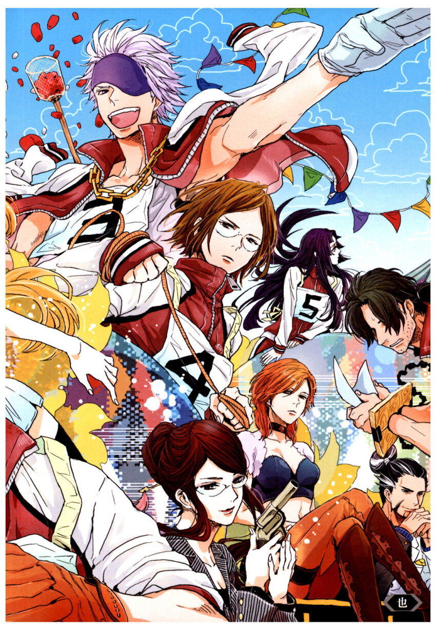3girls 4boys :d artist_request beard_stubble black_choker black_hair border brown_eyes brown_hair choker chousokabe_motochika_(sengoku_basara) clenched_teeth crop_top expressionless eyepatch facial_hair frown gakuen_basara glasses guest_art gun hair_bun handgun highres holding holding_gun holding_weapon jacket jacket_on_shoulders kuroda_kanbei_(sengoku_basara) long_hair looking_ahead looking_at_viewer matsunaga_hisahide_(sengoku_basara) medium_hair mouri_motonari_(sengoku_basara) multicolored_hair multiple_boys multiple_girls non-web_source nouhime_(sengoku_basara) official_art oichi_(sengoku_basara) open_mouth ponytail saika_magoichi_(sengoku_basara) sengoku_basara short_hair short_ponytail smile stocks streaked_hair stubble teeth topknot track_jacket track_suit upper_teeth_only weapon white_border white_hair