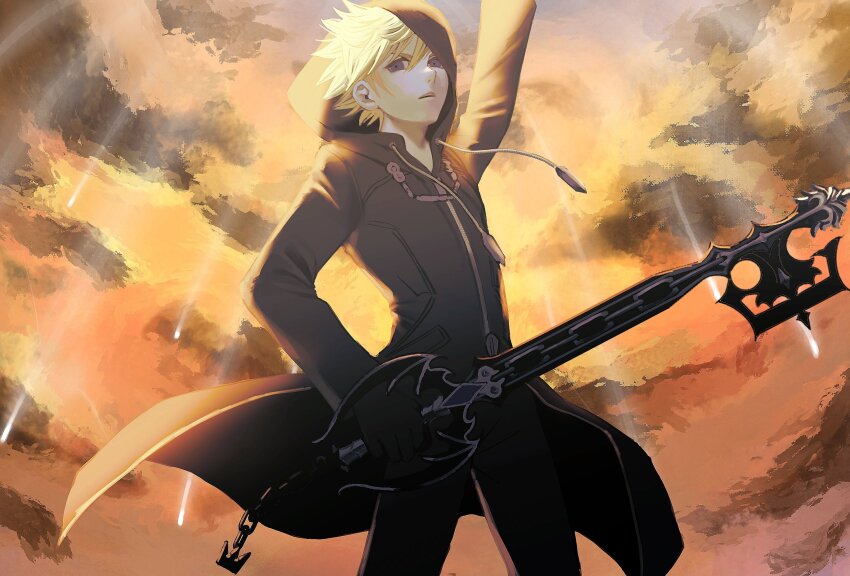 1boy arm_up black_coat black_coat_(kingdom_hearts) blonde_hair blue_eyes chain cloud cloudy_sky coat commentary highres holding holding_weapon hood hood_up keyblade kingdom_hearts kingdom_hearts_iii long_coat looking_to_the_side male_focus oblivion_(keyblade) orange_sky roxas short_hair sky solo spiked_hair sunlight tdmmt_r twilight upper_body weapon wind