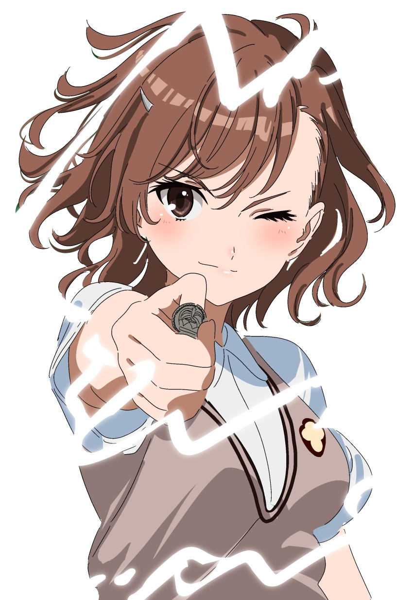 1girl absurdres aiming aiming_at_viewer bazz000033 blush breasts brown_hair brown_sweater_vest coin electricity electrokinesis emblem hair_ornament hairpin highres holding holding_coin looking_at_viewer medium_breasts medium_hair misaka_mikoto one_eye_closed psychic railgun_(misaka_mikoto) school_emblem school_uniform shirt short_sleeves simple_background smile solo summer_uniform sweater_vest toaru_kagaku_no_railgun toaru_majutsu_no_index tokiwadai_school_uniform upper_body white_background white_shirt
