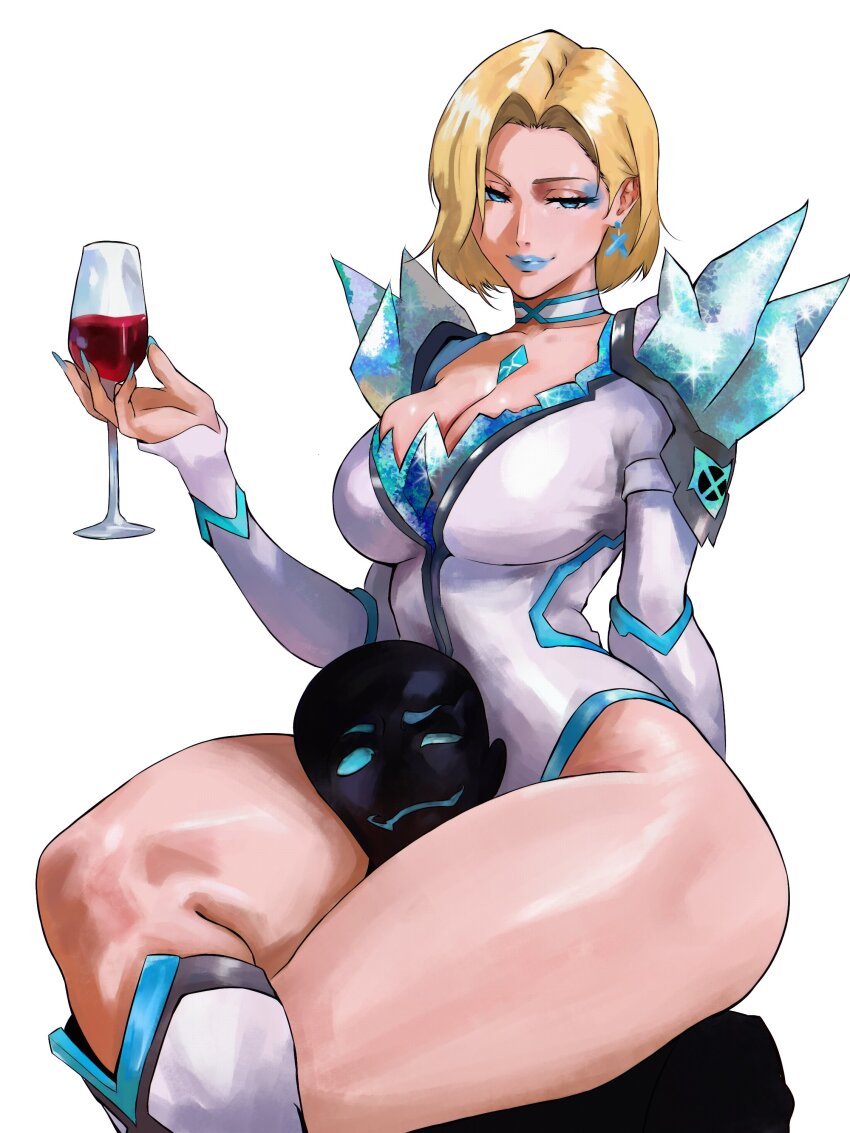 1girl absurdres bion_(insomn_bion) blonde_hair blue_eyes blue_lips breasts choker cleavage closed_mouth commentary cup diamond_(gemstone) earrings emma_frost head_between_thighs highres holding holding_cup jewelry large_breasts lipstick looking_at_viewer makeup marvel marvel_rivals scissorhold short_hair smile superhero_costume thick_thighs thighs x-men