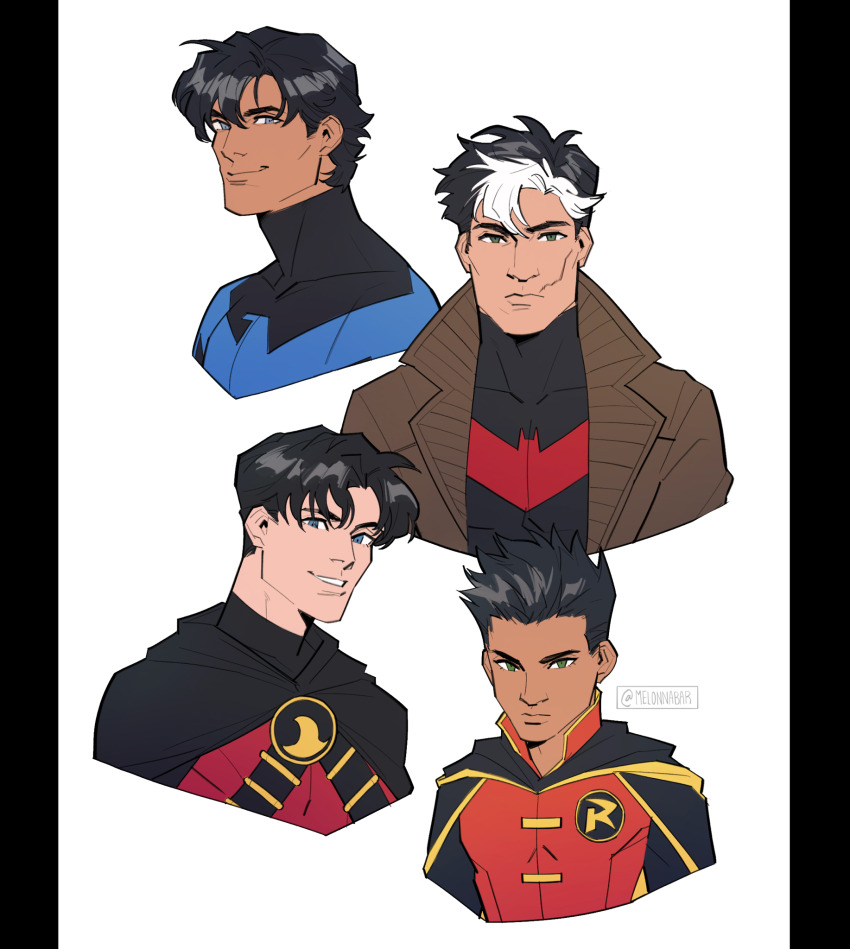 bat_signal batman_(series) batman_symbol black_bodysuit black_hair blue_eyes bodysuit brothers brown_jacket cape cowl damian_wayne dc_comics dick_grayson grey_bodysuit highres jacket jason_todd male_focus melonnabar multicolored_hair multiple_boys muscular muscular_male nightwing open_clothes red_hood_(dc) red_robin shirt short_hair siblings superhero_costume taut_bodysuit tim_drake two-tone_bodysuit two-tone_hair western_comics_(style) white_hair yellow_cape