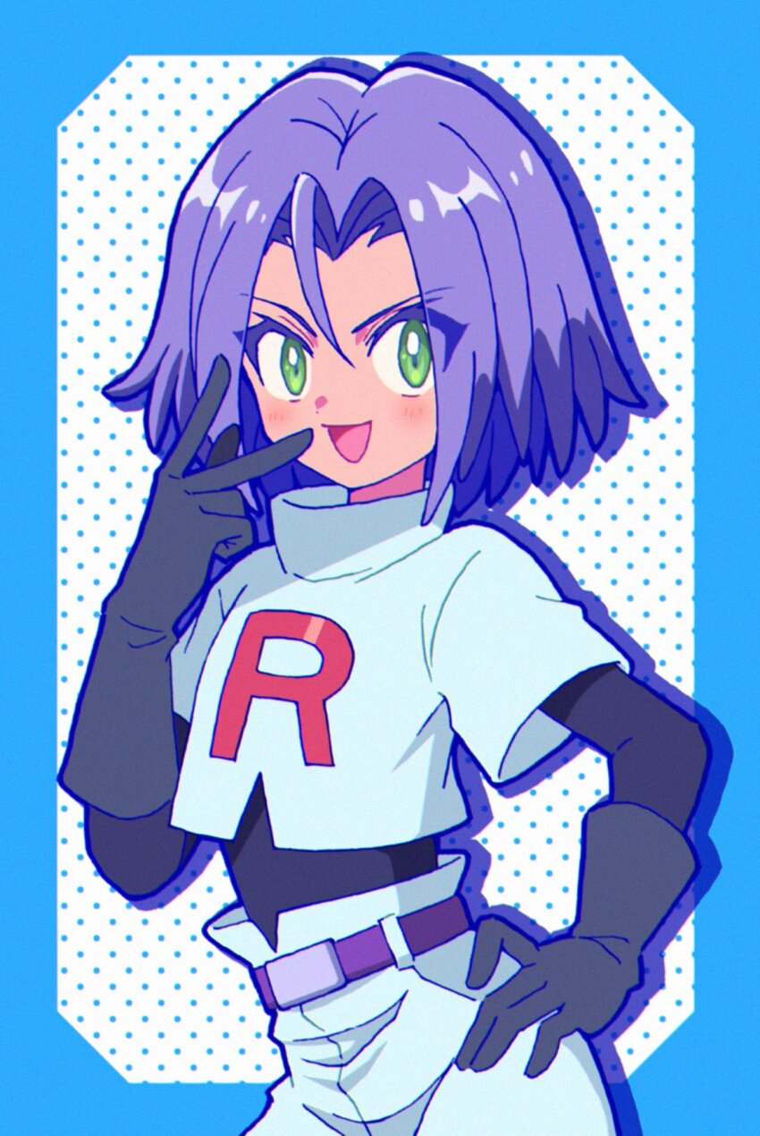 belt blue_background blush can&#039;t_be_this_cute dots green_eyes highres james_(pokemon) looking_at_viewer macchiromomomo nintendo pokemon pokemon_(anime) pokemon_the_movie:_the_power_of_us polka_dot purple_belt purple_hair smile team_rocket team_rocket_uniform