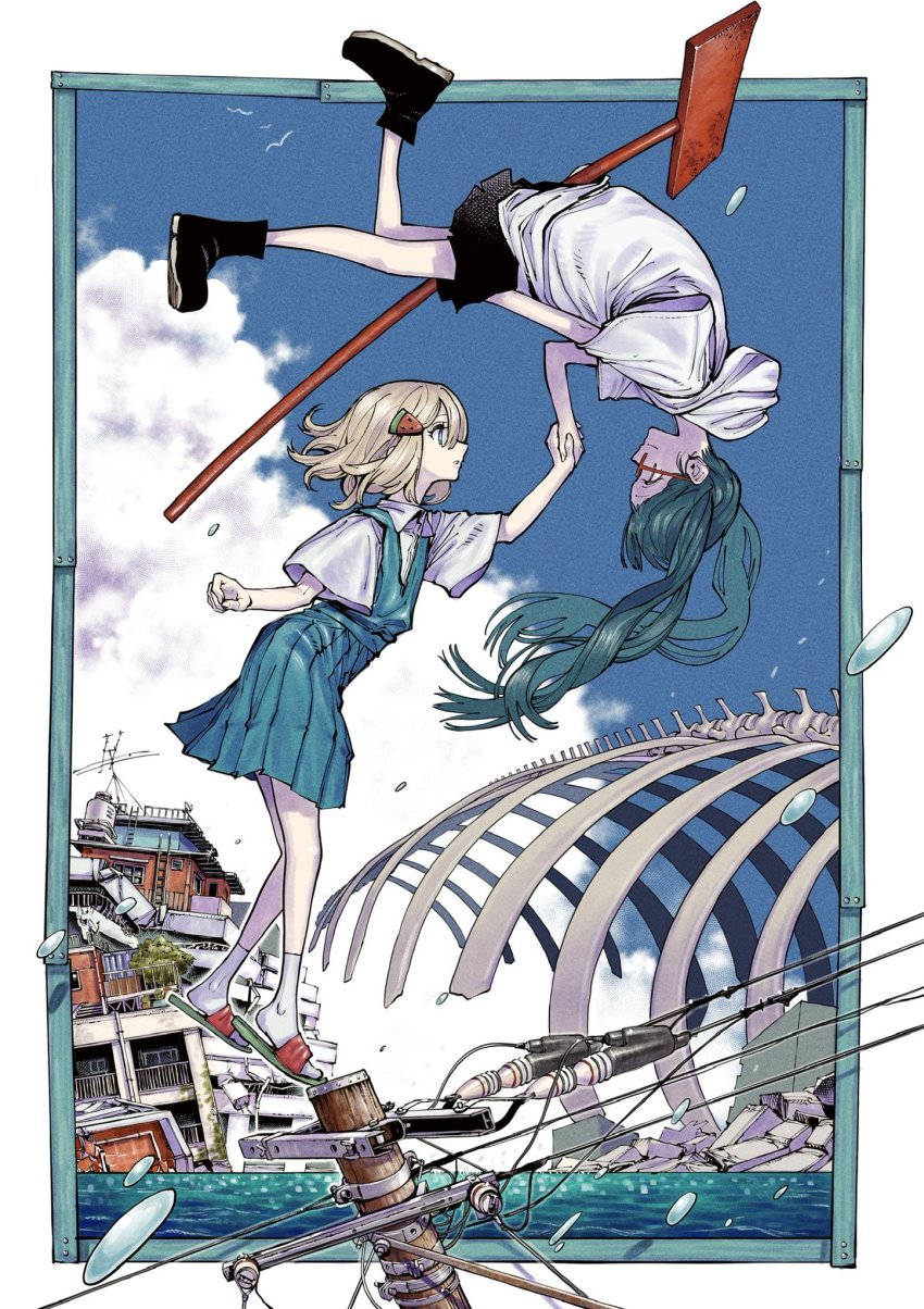 2girls bespectacled black_footwear black_shorts blonde_hair blue_dress blue_eyes blue_sky boots character_request cloud commentary dress eye_contact flip-flops floating food-themed_hair_ornament giant_skeleton glasses gunjou_sanka_(vocaloid) hair_ornament hatsune_miku highres holding_hands hood hood_down hoodie long_hair looking_at_another multiple_girls ocean omao on_top_of_pole pale_skin pinafore_dress pleated_dress power_lines profile red-framed_eyewear red_footwear ruins sandals shirt shoes short_hair short_sleeves shorts simple_bird skeleton sky sleeveless sleeveless_dress smile socks twintails upside-down utility_pole vocaloid water_drop watermelon_hair_ornament white_hoodie white_shirt white_socks