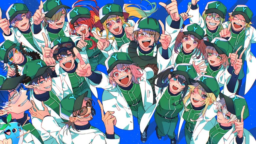 6+boys 6+girls asuka_hina baseball_cap baseball_glove belt black_belt black_hair blonde_hair blue_background bonnivier_pranaja bow braid brown_hair chappa_(chabaco0401) closed_eyes commentary_request earpiece facial_hair from_above glasses goatee green_eyes green_hair green_hat green_pants green_shirt grey_eyes grey_hair grin hair_bobbles hair_bow hair_ornament hair_over_one_eye hat highres horns kagami_hayato kanda_shouichi kitakoji_hisui lain_paterson leos_vincent long_hair looking_at_viewer mameneko_(leos_vincent) medium_hair multicolored_hair multiple_boys multiple_girls nijisanji nijisanji_en nijisanji_id nijisanji_kr oh_jiyu oliver_evans one_eye_closed onomachi_haruka pants pink_eyes pink_hair pointing pointy_ears purple_hair red_bow red_hair ren_zotto saiki_ittetsu sasaki_saku shibuya_hajime shirt shoes short_hair side_ponytail single_braid smile streaked_hair sweat takamiya_rion teeth todo_kohaku twintails uki_violeta virtual_youtuber