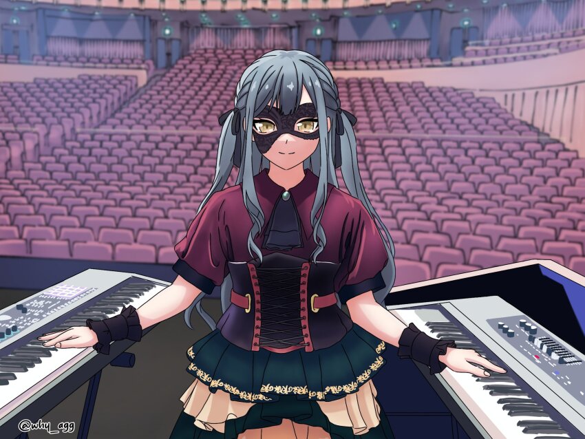 1girl a_whydc ascot bang_dream! bang_dream!_it&#039;s_mygo!!!!! black_ascot black_ribbon black_skirt black_wrist_cuffs blue_brooch blue_hair brown_corset commentary corset hair_ribbon highres instrument keyboard_(instrument) long_hair looking_at_viewer mask masquerade_mask photo-referenced red_shirt ribbon shirt short_sleeves sidelocks skirt solo symbol-only_commentary takao_kanon theater togawa_sakiko twitter_username voice_actor_connection wrist_cuffs yellow_eyes