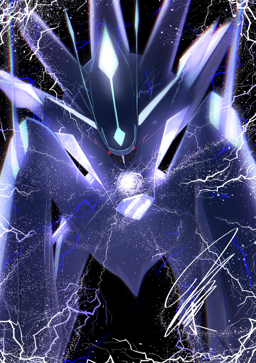 absurdres armor black_background chromatic_aberration dialga electricity flaming_eyes game_freak gen_4_pokemon glowing glowing_eyes highres legendary_pokemon light_particles looking_at_viewer mitsukuma448 nintendo no_humans pokemon pokemon_(creature) purple_armor robot signature solo