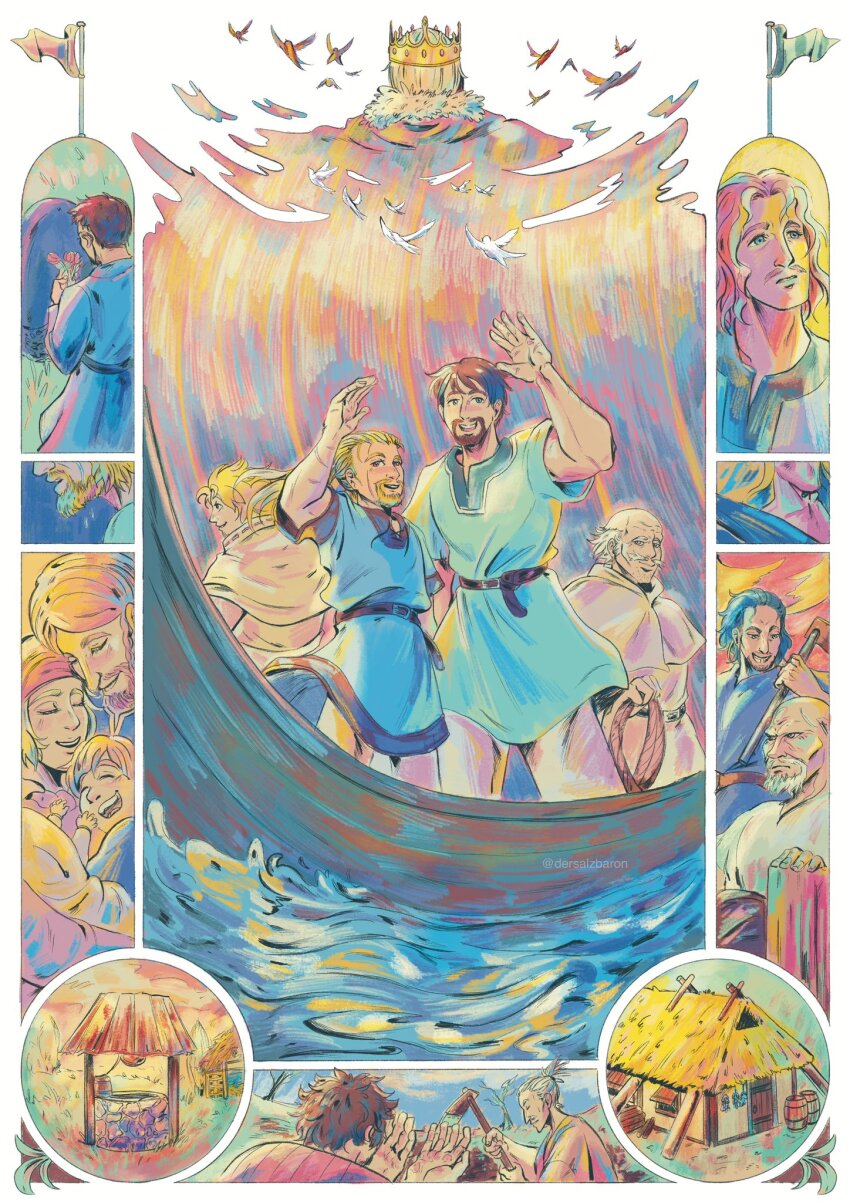 1girl 6+boys arnheid bald beard bird blonde_hair blue_eyes blue_shirt boat brown_hair bug-eyes canute character_request dersalzbaron einar_(vinland_saga) facial_hair flag flower from_behind highres hoe holding holding_flower holding_rope house ketil king leif_ericson_(vinland_saga) medium_hair multiple_boys mustache ocean olmar ponytail rope shirt short_hair short_sleeves smile snake_(vinland_saga) thorfinn tombstone twitter_username village vinland_saga watercraft waving_arm well white_shirt