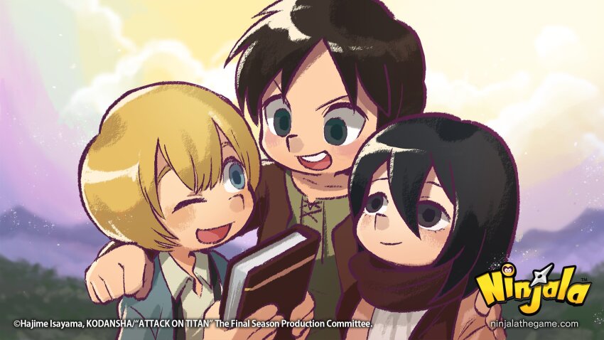 aqua_eyes aqua_jacket armin_arlert artist_name blonde_hair blue_pupils blush book brown_hair brown_jacket brown_sleeves child closed_mouth collarbone commentary company_name copyright_name copyright_notice cross-laced_clothes cross-laced_top drawstring english_commentary english_text eren_yeager green_eyes green_pupils green_shirt grey_eyes gungho hair_between_eyes highres holding holding_book jacket logo medium_hair mikasa_ackerman ninjala nose official_art one_eye_closed open_mouth outdoors outline pink_jacket purple_outline red_scarf rianti-wong scarf second-party_source shingeki_no_kyojin shirt short_hair shuriken smile suspenders tongue watermark weapon web_address white_shirt wing_collar