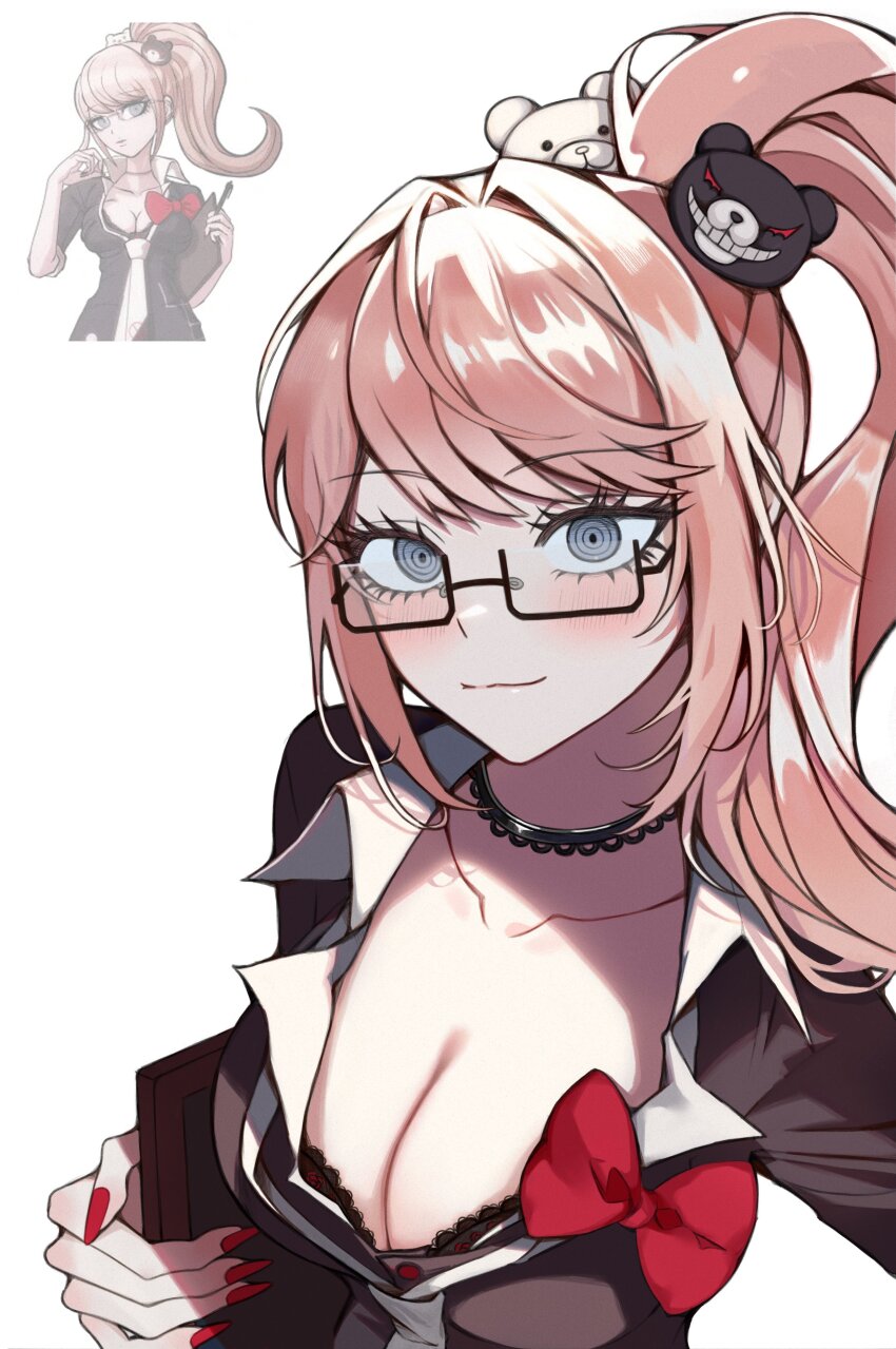 1girl absurdres bear_hair_ornament black-framed_eyewear black_shirt blonde_hair blush bow breasts cleavage commentary_request cropped_torso danganronpa:_trigger_happy_havoc danganronpa_(series) enoshima_junko glasses grey_eyes hair_ornament hamu_(ishamu) highres korean_commentary large_breasts looking_at_viewer official_art_inset ponytail red_bow red_nails semi-rimless_eyewear shirt simple_background smile solo under-rim_eyewear white_background