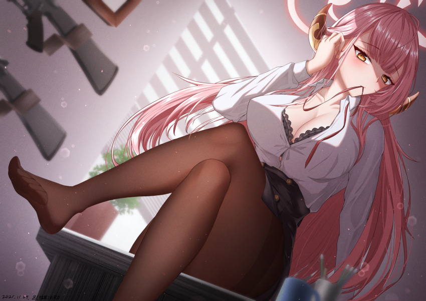 1girl aru_(blue_archive) black_bra blue_archive bra breasts brown_eyes cleavage crossed_legs cup desk feet glasses gun tucking_hair halo highres horns large_breasts long_hair looking_at_viewer m16 m16a4 miniskirt no_bra no_shoes pantyhose pen pink_hair plant school_uniform shirt sitting skirt soles toes translucent underwear weapon white_shirt z_shitei_ero
