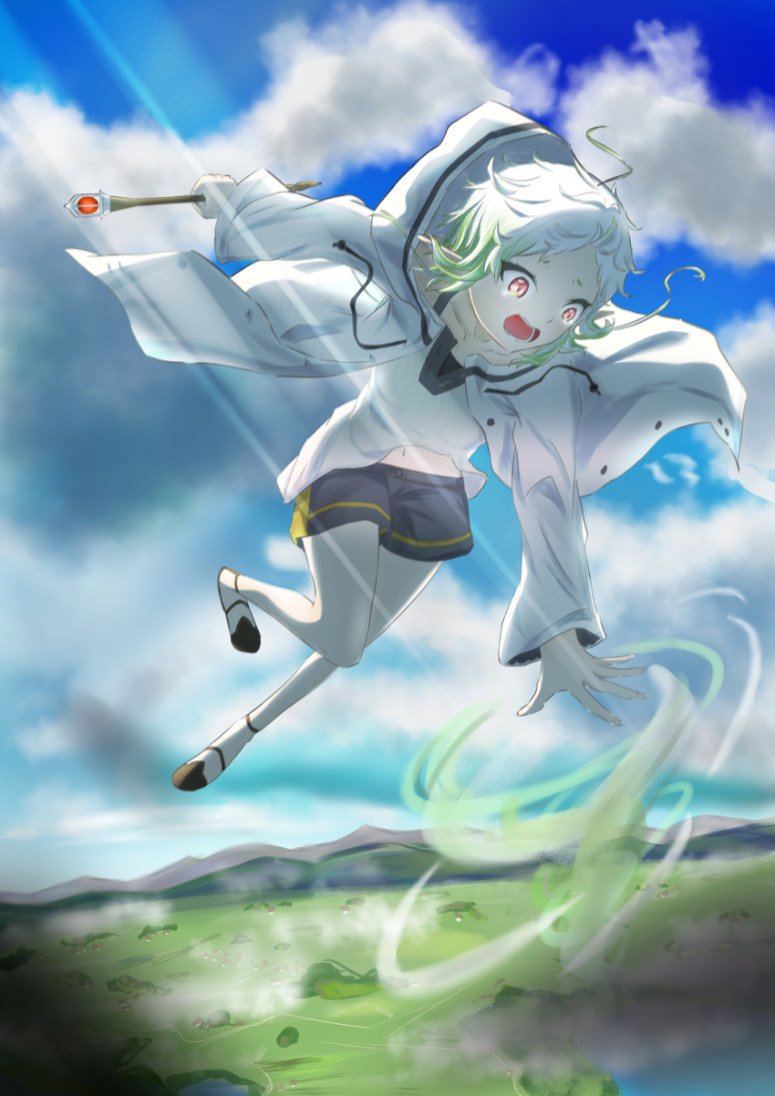 1girl absurdres ahoge black_shorts brown_footwear casting_spell es_limi falling gradient_hair green_hair highres holding holding_wand hood hooded_jacket jacket midair mountainous_horizon multicolored_hair mushoku_tensei navel open_mouth red_eyes short_hair shorts solo spell sylphiette_(mushoku_tensei) wand white_hair white_jacket