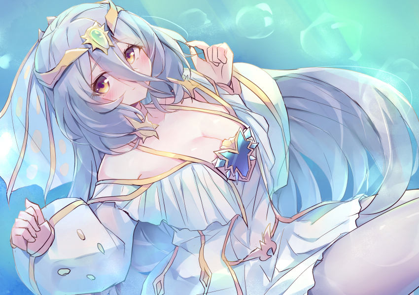 1girl absurdres blue_background blush breasts cleavage closed_mouth collarbone dress duel_monster fins fish_girl grey_hair hair_between_eyes head_fins highres jewelry kanzakietc large_breasts long_hair long_sleeves marincess_sleepy_maiden solo underwater white_dress yellow_eyes yu-gi-oh!