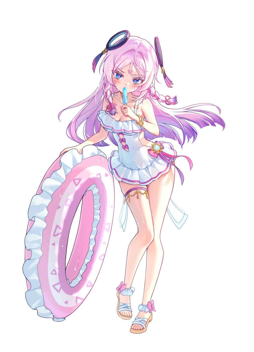 1girl alternate_costume blue_eyes blush braid breasts brown_sandals citlali_(genshin_impact) cleavage collarbone facial_mark floating_headgear food full_body genshin_impact gloria_(gloriao3o) headgear highres holding holding_food holding_popsicle innertube long_hair looking_at_viewer medium_breasts one-piece_swimsuit popsicle purple_hair sandals simple_background solo standing swim_ring swimsuit thigh_strap triangle triangle_facial_mark wet white_background white_one-piece_swimsuit