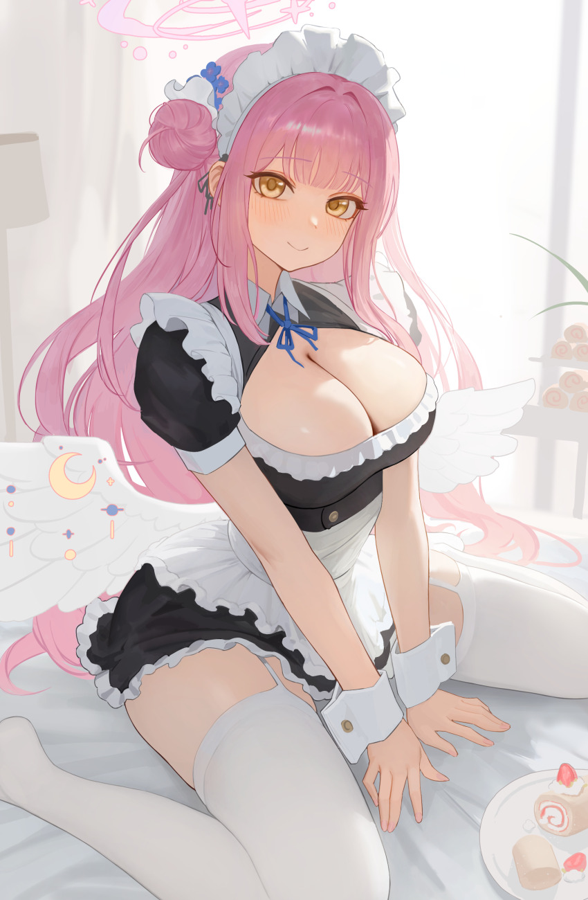 1girl absurdres alternate_costume angel_wings apron black_dress blue_archive blush breasts cake cleavage closed_mouth crescent crescent_pin dress enmaided feathered_wings food fruit hair_bun halo heine_(haloo1101) highres indoors large_breasts long_hair looking_at_viewer maid maid_apron mika_(blue_archive) pink_hair pink_halo single_side_bun smile solo strawberry swiss_roll thighhighs white_apron white_thighhighs white_wings wings wrist_cuffs yellow_eyes