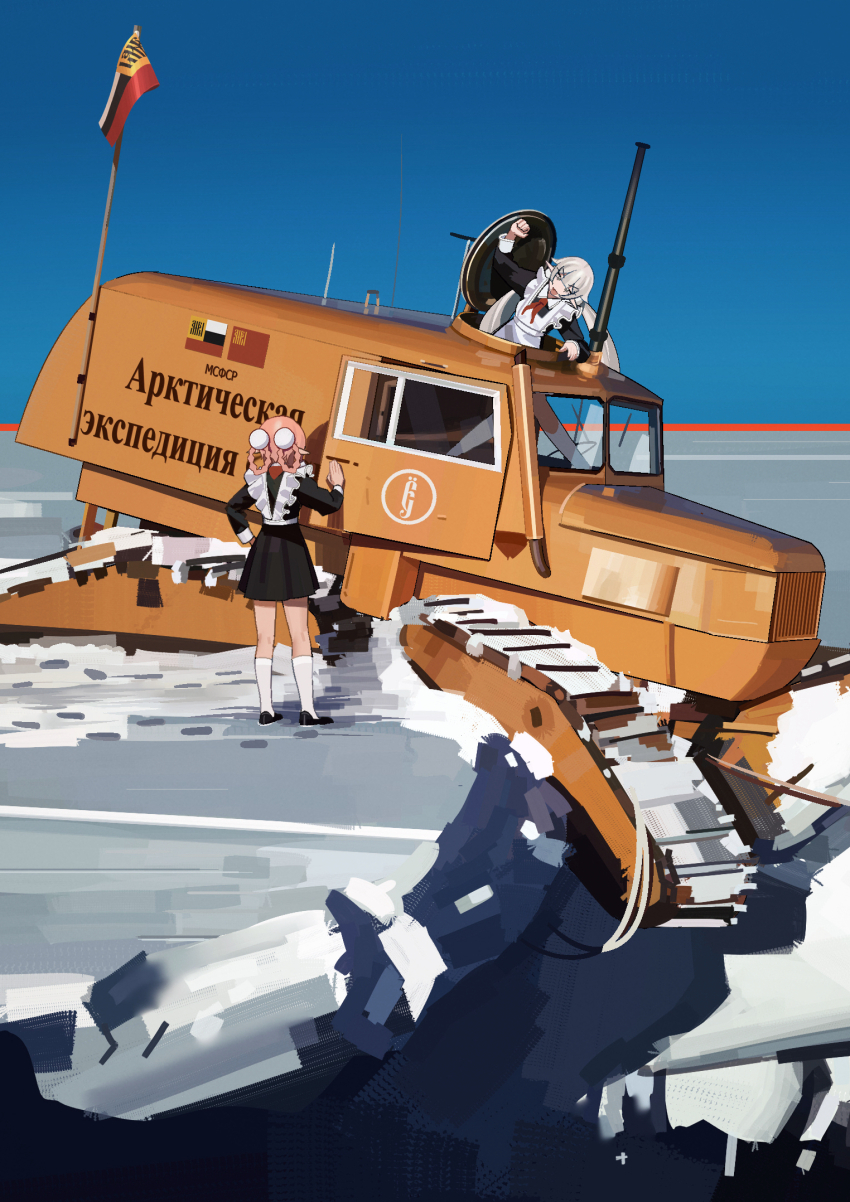 1girl 2girls ankle_socks blue_sky double_bun dress frilled_dress frills hair_bun highres kiriyaukiyoe long_hair multiple_girls original pink_hair russian_soviet_federative_socialist_republic_flag school_uniform shoes sky snow socks soviet soviet_school_uniform vehicle_request very_long_hair white_hair