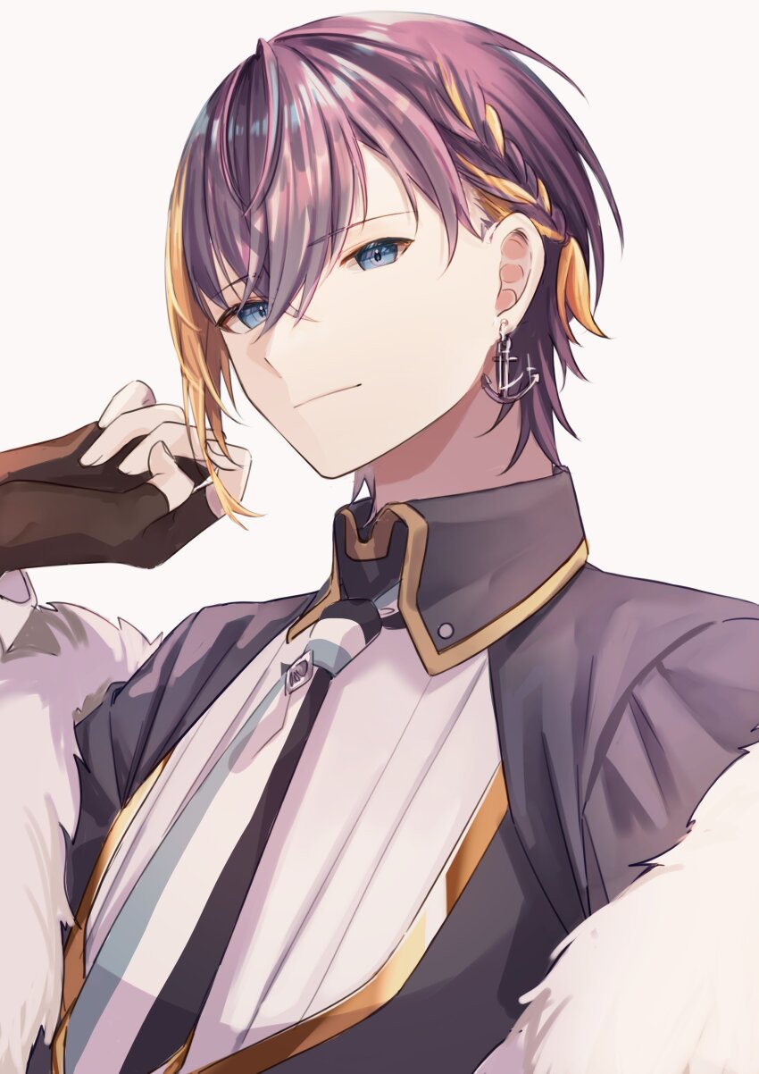1boy absurdres anchor_earrings blonde_hair blue_eyes collared_shirt earrings fingerless_gloves genderswap genderswap_(ftm) gloves highres jewelry male_focus multicolored_hair necktie nijisanji nijisanji_en peridot_(periperi_8) peter_gurin petra_gurin purple_hair shirt solo streaked_hair virtual_youtuber