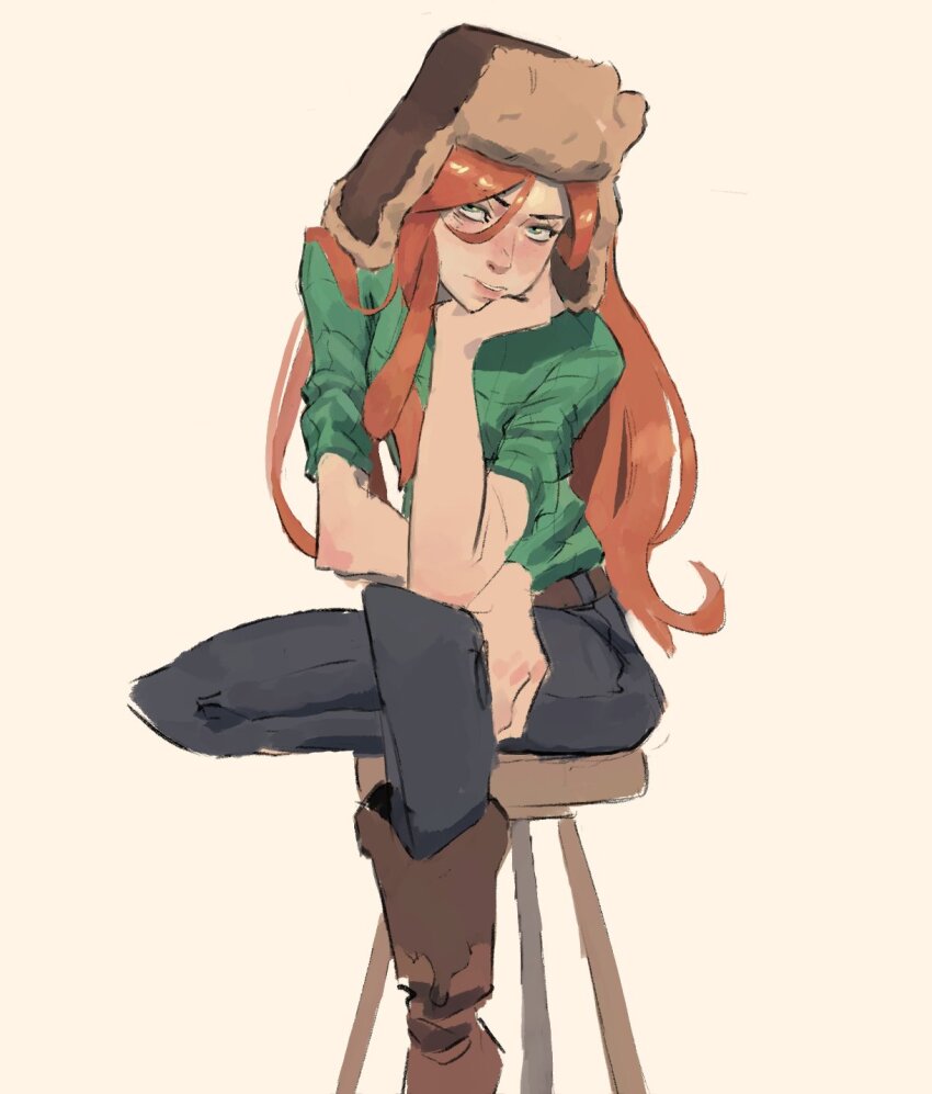 1girl black_pants boots brown_boots commentary diokio english_commentary gravity_falls green_eyes green_shirt hair_between_eyes hat head_on_hand highres long_hair on_stool pants red_hair shirt sitting solo stool ushanka wendy_corduroy