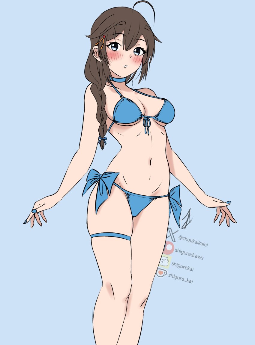 1girl ahoge bikini blue_choker blue_eyes braid breasts brown_hair choker commentary english_commentary feet_out_of_frame front-tie_bikini_top front-tie_top hair_flaps hair_over_shoulder highres kantai_collection long_hair medium_breasts shigure_(choukaikaini) shigure_(kancolle) shigure_kai_san_(kancolle) side-tie_bikini_bottom single_braid solo swimsuit watermark