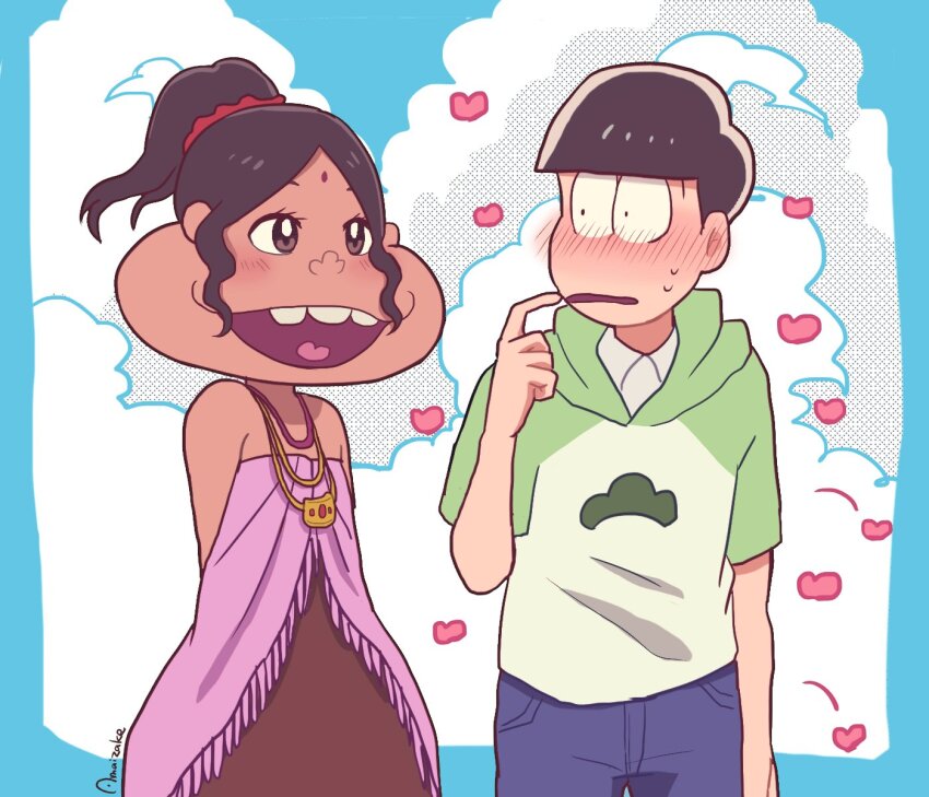 1boy 1girl alternate_hairstyle amaizake bindi blush brown_dress brown_hair curly_hair dark-skinned_female dark_skin dayoon_girl dress heart hetero highres hood hoodie jewelry matsu_symbol matsuno_choromatsu necklace open_mouth osomatsu-san osomatsu_(series) ponytail raglan_sleeves short_sleeves sleeveless sleeveless_dress smile