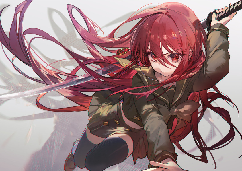 1girl alastor_(shakugan_no_shana) ame_jang black_thighhighs brown_serafuku commentary_request flat_chest floating_hair hair_spread_out highres holding holding_behind_back holding_sword holding_weapon long_hair red_eyes red_hair school_uniform serafuku shakugan_no_shana shana skirt solo sword thighhighs very_long_hair weapon