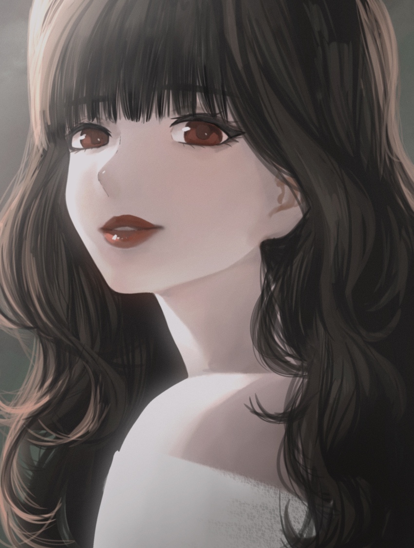 1girl absurdres alternate_hair_color black_hair commentary highres idolmaster idolmaster_(classic) kumako_(kumakonoh) lips lipstick long_hair looking_at_viewer looking_to_the_side makeup nose parted_lips portrait red_eyes red_lips shijou_takane solo