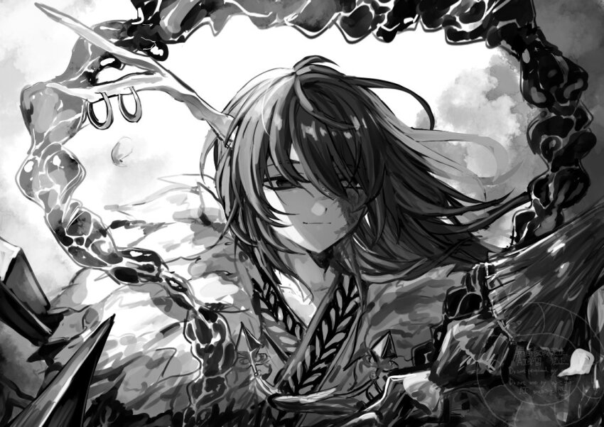1boy 44se2dan antler_ring antlers backlighting black_hair burn_scar fur_collar greyscale hair_flowing_over hair_over_one_eye hong_lu_(project_moon) horns limbus_company monochrome polearm project_moon robe scar short_hair solo tears_of_the_tarnished_blood_(e.g.o) upper_body weapon
