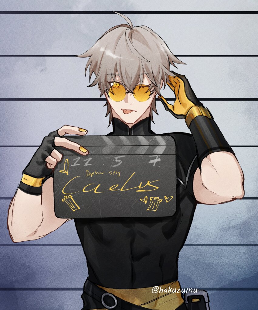 1boy absurdres alternate_costume artist_name belt black_belt black_gloves black_shirt bracelet caelus_(honkai:_star_rail) character_name commentary english_commentary fingerless_gloves fingernails gloves gold_bracelet grey_hair hair_between_eyes hakuzumu hands_up highres holding holding_sign honkai:_star_rail honkai_(series) jewelry looking_at_viewer male_focus mugshot muscular muscular_male nail_polish one_eye_closed pocket round_eyewear shirt short_hair short_sleeves sign solo standing sunglasses t-shirt tinted_eyewear tongue tongue_out trailblazer_(honkai:_star_rail) two-sided_gloves yellow-tinted_eyewear yellow_eyes yellow_gloves yellow_nails