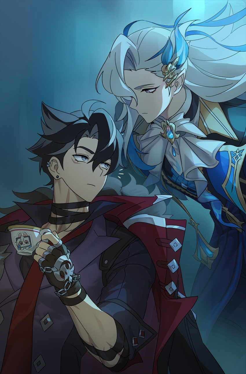 2boys angduuuu_(ghost) bandaged_neck bandages black_gloves black_hair blue_hair closed_mouth coat coat_on_shoulders commentary cup ear_piercing english_commentary fingerless_gloves genshin_impact gloves grey_hair hair_between_eyes hair_ornament hair_over_one_eye highres holding holding_cup long_hair male_focus multiple_boys necktie neuvillette_(genshin_impact) piercing pointy_ears red_necktie scar scar_on_neck shirt simple_background vest white_hair wriothesley_(genshin_impact)