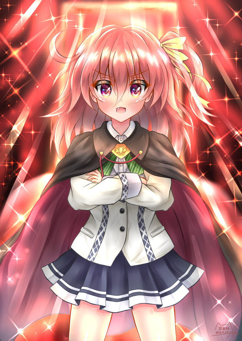 1girl absurdres black_cape blazer bow bowtie cape collared_shirt cowboy_shot crossed_arms diagonal-striped_bow diagonal-striped_bowtie diagonal-striped_clothes dress_shirt fang hair_between_eyes hair_ribbon highres hyakumensou_ms_rs4-x jacket long_sleeves medium_hair miniskirt one_side_up ongeki ousaka_akane pleated_skirt red_cape red_eyes red_hair ribbon school_uniform shirt skirt solo striped_clothes two-sided_cape two-sided_fabric white_jacket white_shirt yellow_ribbon