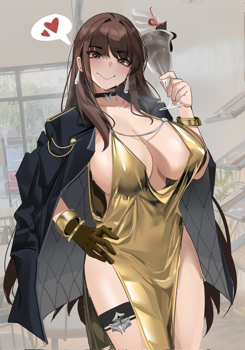 1girl blush bracelet breasts brown_eyes brown_gloves brown_hair choker cleavage coat coat_on_shoulders commentary covered_erect_nipples cup diesel_(nikke) dress earrings english_commentary food gloves goddess_of_victory:_nikke heart highres holding holding_cup jewelry large_breasts long_hair looking_at_viewer parfait phantasmaliagon smile solo spoken_heart thigh_strap