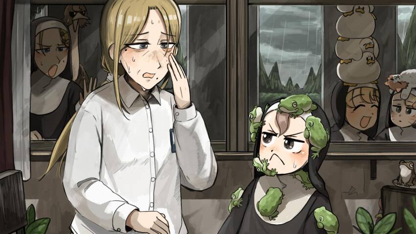 5girls :&lt; :d :o animal animal_on_head bird blonde_hair blue_eyes brown_eyes brown_hair cat cat_on_head chicken clumsy_nun_(diva) commentary diva_(hyxpk) duck english_commentary frog froggy_nun_(diva) highres little_nuns_(diva) long_hair mole mole_on_cheek multiple_girls nun on_head open_mouth ostrich rain shirt smile spicy_nun_(diva) strict_nun&#039;s_mother_(diva) strict_nun_(diva) traditional_nun white_shirt