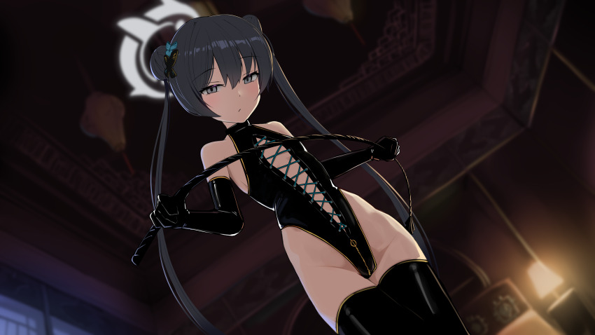 1girl absurdres black_gloves black_hair black_leotard black_thighhighs blue_archive blurry blurry_background bondage_outfit breasts closed_mouth cowboy_shot crotch_zipper dominatrix double_bun dutch_angle elbow_gloves gloves grey_eyes grey_halo hair_bun halo highleg highleg_leotard highres holding holding_whip indoors katsuten kisaki_(blue_archive) latex latex_gloves latex_leotard latex_thighhighs leotard long_hair looking_at_viewer small_breasts solo thighhighs twintails very_long_hair