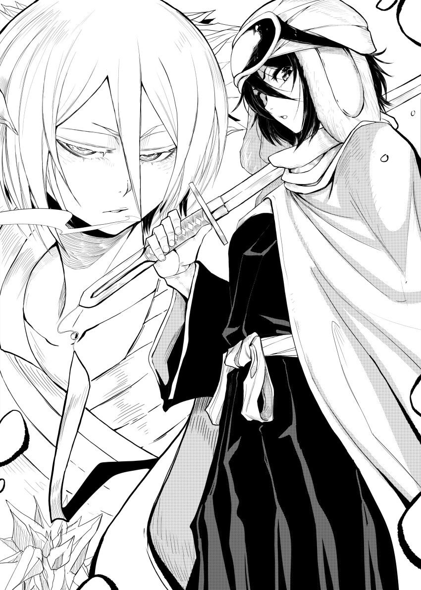 1girl absurdres bankai black_hair black_hakama black_kimono bleach bleach:_sennen_kessen-hen breath capelet colored_eyelashes commentary double-parted_bangs eyebrows_hidden_by_hair eyelashes feet_out_of_frame goggles goggles_on_head greyscale hair_between_eyes hair_ornament hakama hakka_no_togame_(bankai) half-closed_eyes hand_up hat highres japanese_clothes jesse_schickler kanzashi katana kimono kuchiki_rukia long_sleeves looking_at_viewer monochrome multiple_views obi official_alternate_costume open_mouth over_shoulder parted_lips sash short_eyebrows short_hair sode_no_shirayuki_(shikai) standing sword sword_over_shoulder upper_body v-shaped_eyebrows weapon weapon_over_shoulder white_capelet white_hair wide_sleeves