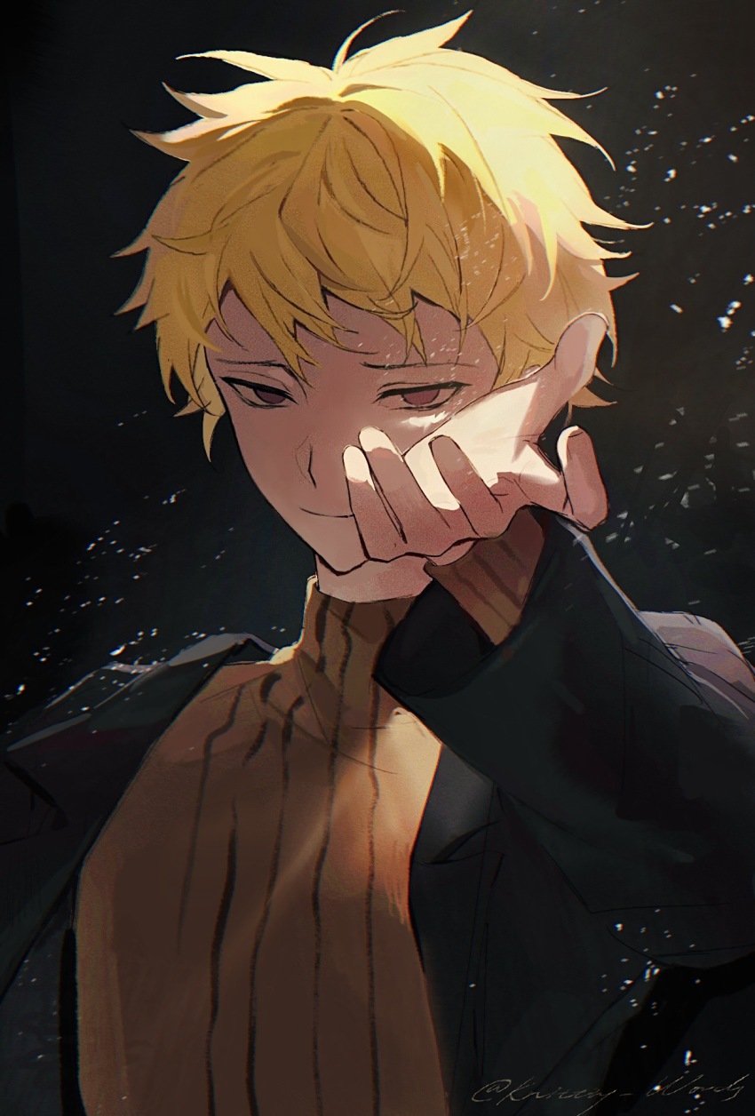 1boy atou_haruki black_jacket blonde_hair brown_sweater chinese_commentary closed_mouth commentary_request film_grain highres jacket light_particles long_sleeves male_focus open_clothes open_jacket reaching reaching_towards_viewer red_eyes ribbed_sweater saibou_shinkyoku short_hair smile solo sweater turtleneck turtleneck_sweater upper_body zhiyanpianyu55126