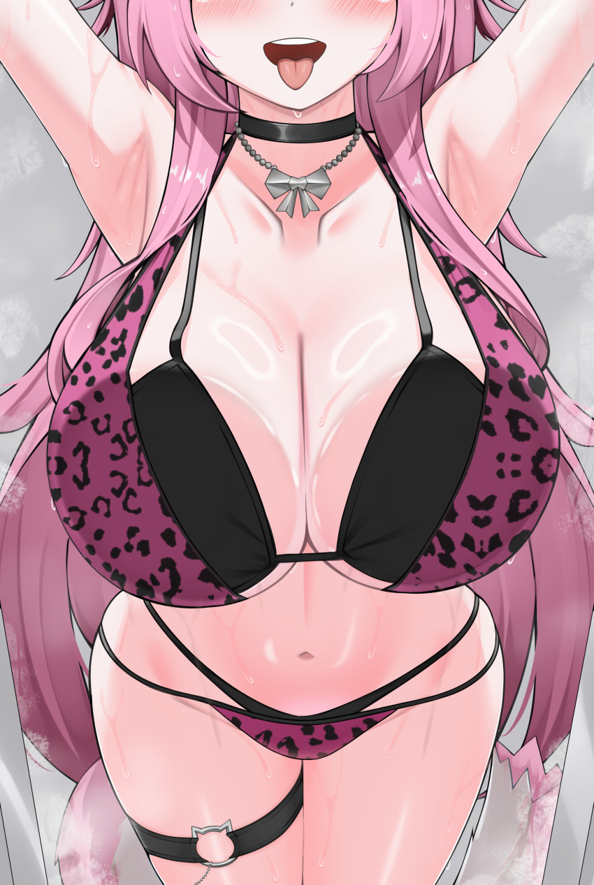 1girl absurdres animal_print armpits bra breasts cat_tail choker cleavage collarbone eyes_out_of_frame head_out_of_frame highres hololive hololive_english large_breasts leopard_print long_hair midriff navel nobarts pink_hair raora_panthera solo steam steaming_body sweat tail thigh_strap tongue tongue_out underwear virtual_youtuber