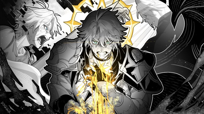 1boy age_comparison alternate_form angry antenna_hair armor black_choker black_gloves black_shirt blood blood_from_mouth blue_eyes choker coat commentary doggie117 english_commentary fingerless_gloves gloves greyscale halo halo_behind_head hand_on_own_chest highres honkai:_star_rail honkai_(series) monochrome multiple_persona neck_tattoo parted_bangs pauldrons phainon_(honkai:_star_rail) shirt short_hair shoulder_armor single_glove single_pauldron spot_color tattoo tears v-shaped_eyebrows white_coat white_hair yellow_blood