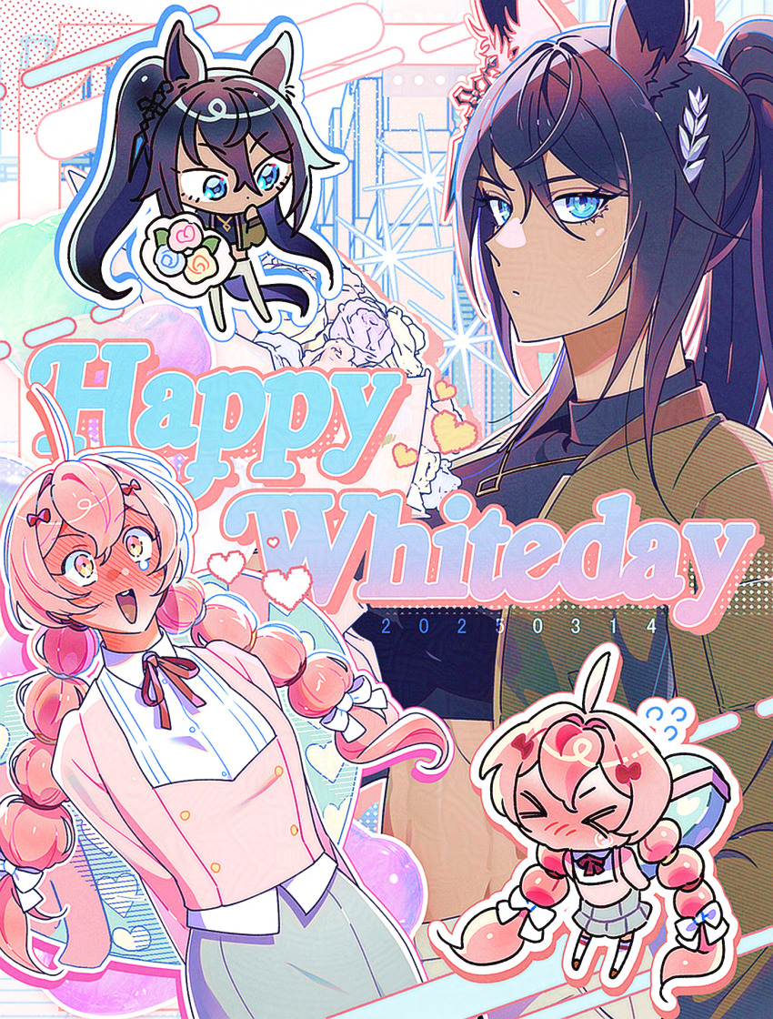 &gt;_&lt; 2025 2girls ahoge animal_ears arms_behind_back black_sweater blue_eyes blush bouquet box braid chibi commentary_request comore_juna_(murangee) cropped_jacket cropped_sweater dark-skinned_female dark_skin dated earrings female_trainer_(umamusume) flower flying_sweatdrops full-face_blush full_body green_jacket hair_between_eyes hair_ornament hairclip happy_valentine highres holding holding_bouquet holding_box horse_ears horse_girl horse_tail jacket jewelry long_hair multiple_girls multiple_views murangee necklace open_clothes open_jacket open_mouth original pink_hair pink_sweater red_ribbon ribbon shirt single_earring skirt smile sparkle sweater symboli_kris_s_(umamusume) tail teeth thighhighs trainer_(umamusume) twin_braids umamusume upper_body upper_teeth_only white_thighhighs yellow_eyes yuri