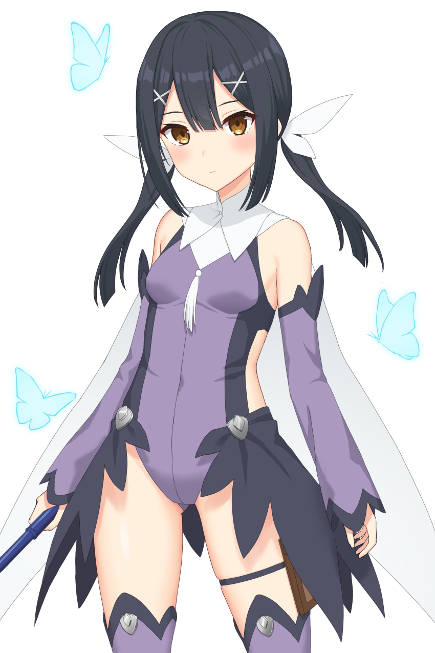 1girl absurdres bare_shoulders black_hair breasts brown_eyes bug butterfly cape card_holster commentary_request cowboy_shot detached_sleeves expressionless fate/kaleid_liner_prisma_illya fate_(series) gluteal_fold hair_ornament hairclip highres insect leotard long_hair looking_at_viewer magical_girl miyu_edelfelt miyu_edelfelt_(magical_girl) partial_commentary purple_leotard purple_sleeves purple_thighhighs sidelocks simple_background small_breasts solo thighhighs twintails user_efkf4848 white_background white_cape x_hair_ornament