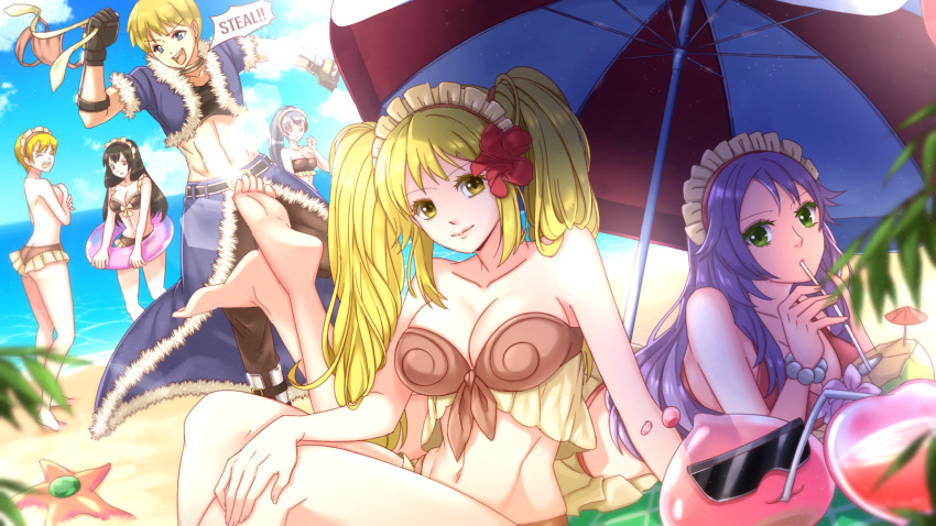 1boy 5girls alternate_costume aster_(ragnarok_online) beach beach_umbrella bikini black_gloves black_hair black_shirt blonde_hair blossom_(ragnarok_online) blue_cape blue_jacket blue_sky breasts brown_bikini brown_pants cape cleavage closed_eyes closed_mouth clothes_theft cloud commentary crop_top curly_sue day drinking_straw english_commentary feet_out_of_frame flower fur-trimmed_cape fur-trimmed_jacket fur_trim gloves green_eyes hair_flower hair_ornament highres horizon innertube jacket jasmine_(ragnarok_online) large_breasts long_hair looking_at_another looking_at_viewer maid_headdress multiple_girls navel ocean open_clothes open_jacket open_mouth outdoors pants pavianne_(ragnarok_online) poring purple_hair ragnarok_online red_flower riabels roxie_(ragnarok_online) shirt short_hair short_sleeves sky smile stalker_(ragnarok_online) starfish sunglasses swim_ring swimsuit swimsuit_theft theft twintails umbrella waist_cape water yellow_eyes