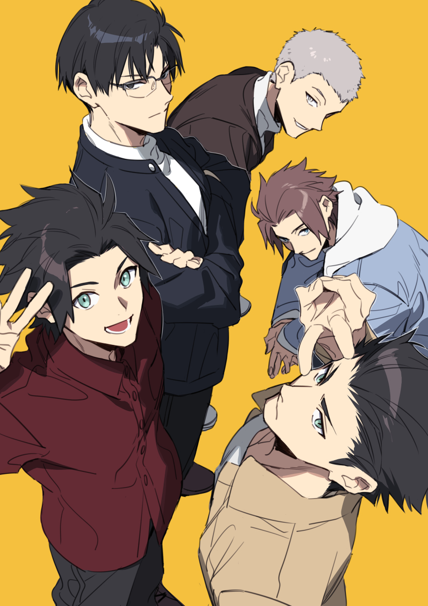5boys absurdres arashiyama_jun black_eyes black_hair black_jacket black_pants blue_eyes blue_jacket brown_hair brown_jacket collared_shirt cowboy_shot crossed_arms glasses grey_eyes grey_hair hand_up highres hood hood_down ikoma_tatsuhito jacket jin_yuuichi kakizaki_kuniharu long_sleeves male_focus multiple_boys open_mouth own_hands_together pants red_shirt shirt short_hair simple_background smile standing tsurime v very_short_hair white_shirt world_trigger xia_(ryugo) yellow_background yuba_takuma
