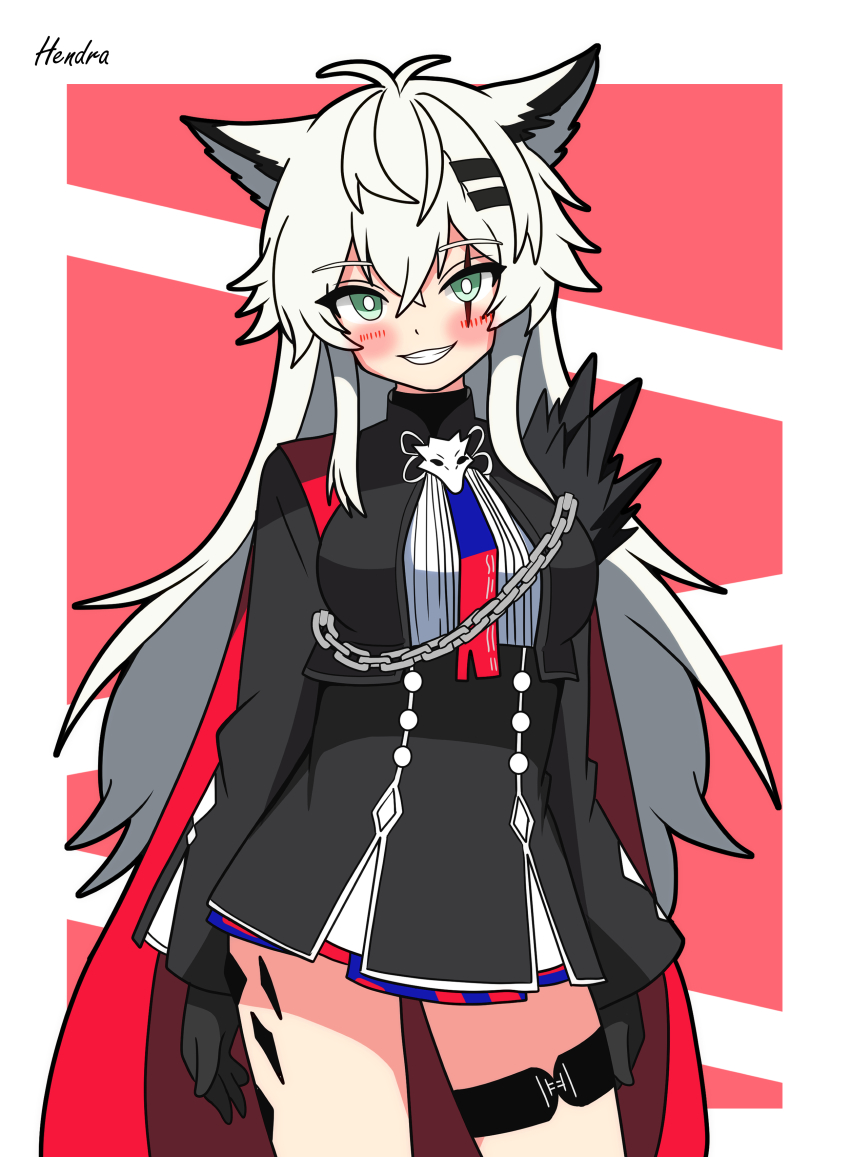 1girl :d absurdres animal_ears arknights arms_at_sides artist_name black_gloves black_jacket black_outline black_skirt blush border bright_pupils cape chain commentary_request contrapposto cowboy_shot crossed_bangs gloves green_eyes grin hair_between_eyes hair_ornament hairclip hendra high-waist_skirt highres jacket lappland_(arknights) lappland_the_decadenza_(arknights) long_hair long_sleeves material_growth open_mouth oripathy_lesion_(arknights) outline outside_border red_background red_cape scar scar_across_eye scar_on_face signature skirt smile solo standing white_border white_hair white_pupils wolf_ears wolf_girl