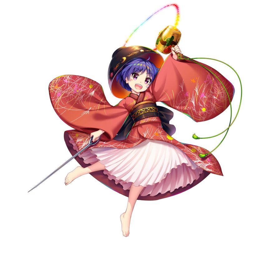 1girl barefoot black_hat bowl bowl_hat double_dealing_character full_body game_cg hat highres holding holding_weapon japanese_clothes kimono long_sleeves looking_at_viewer miracle_mallet needle_sword open_mouth purple_hair red_eyes red_kimono rotte_(1109) sash short_hair simple_background skirt solo sukuna_shinmyoumaru third-party_source touhou touhou_lostword weapon white_background white_skirt wide_sleeves