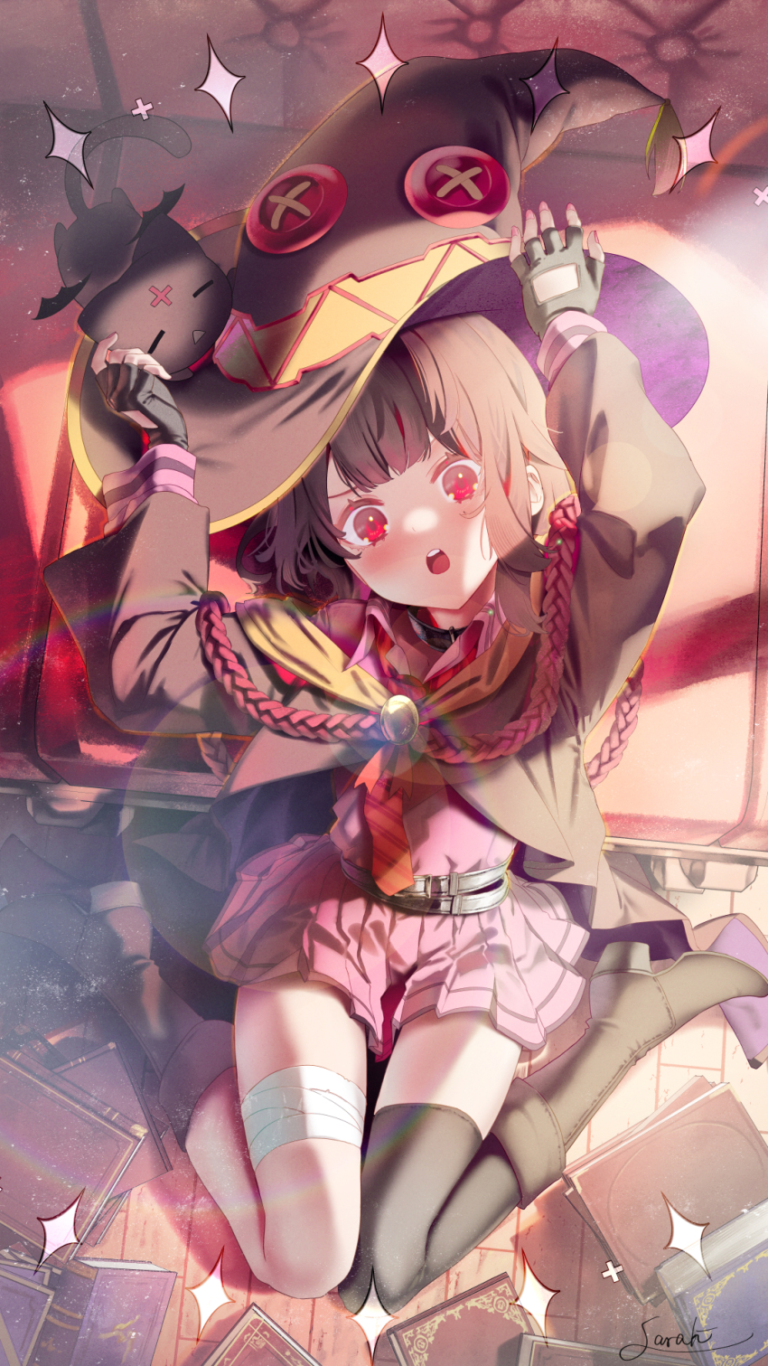 1girl animal arms_up bandaged_leg bandages belt black_belt black_cat black_footwear black_gloves black_hair black_headwear black_robe black_thighhighs blush book boots cat chomusuke collared_shirt commentary_request diagonal-striped_clothes diagonal-striped_necktie fingerless_gloves gloves hat highres indoors kono_subarashii_sekai_ni_bakuen_wo! kono_subarashii_sekai_ni_shukufuku_wo! long_sleeves looking_at_viewer lying megumin necktie on_back open_mouth pink_shirt pink_skirt pleated_skirt red_eyes robe saraki school_uniform shirt single_thighhigh skirt sparkle striped_clothes teeth thighhighs thighhighs_under_boots upper_teeth_only winged_animal witch_hat wooden_floor