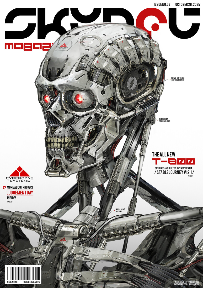 absurdres artist_name barcode commentary cover cyborg english_commentary english_text fake_magazine_cover glowing glowing_eyes highres humanoid_robot johnson_ting machinery magazine_cover no_humans photoshop_(medium) red_eyes robot science_fiction t-800 terminator_(series) the_terminator
