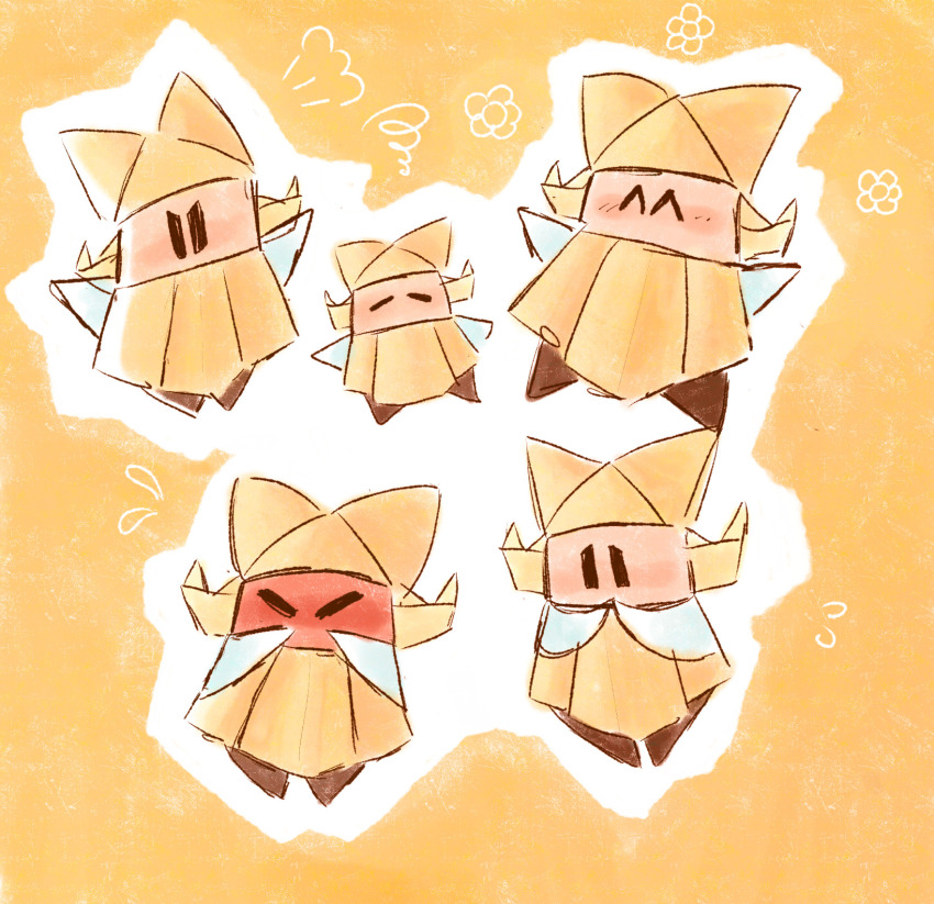 1girl ^_^ angry black_eyes blonde_hair blush closed_eyes commentary english_commentary exhausted flustered flying flying_sweatdrops full-face_blush hands_on_own_face happy hat highres light_blush linaharutaka long_hair mario_(series) multiple_expressions multiple_views nintendo olivia_(paper_mario) origami outline outstretched_arms own_hands_together paper_mario puff_of_air sad shirt solid_oval_eyes squiggle v-shaped_eyes white_outline yellow_background yellow_hat yellow_shirt